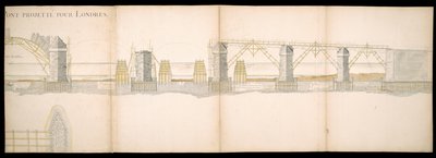 Ontwerpen van de geplande brug over de rivier de Theems in Londen door Charles Labelye