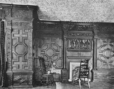Details van het houtsnijwerk en pleisterwerk in de eiken kamer door Charles Latham