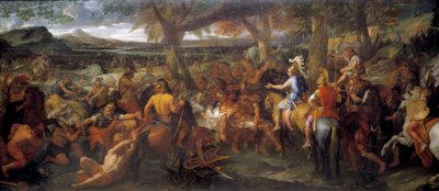 Alexander en Porus. In 327 v.Chr. zette Alexander de Grote zijn verovering voort richting de Indusvallei. In 326 v.Chr. versloeg hij Puru (of Poros, koning van de Paurava stam in de 4e eeuw v.Chr.) en zijn leger van oorlogsolifanten in de Slag bij Hydaspe door Charles Le Brun