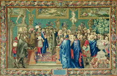 Audiëntie verleend door Lodewijk XIV (1638-1715) aan de Graaf van Fuentes, Koninklijk Ambassadeur van Filips IV van Spanje, in het Louvre, 24 maart 1662, Gobelins Werkplaats door Charles Le Brun