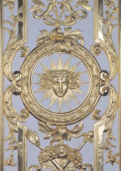 Detail van panelen met het embleem van Lodewijk XIV uit de Salon de Venus door Charles Le Brun