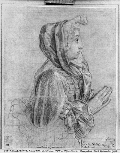 Halflang profiel van een vrouw met gevouwen handen, bekend als Madame de Maintenon door Charles Le Brun