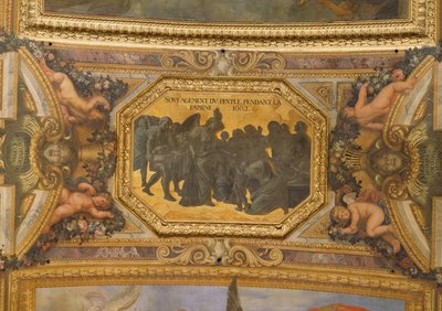 Mensen helpen tijdens de Hongersnood van 1662, Plafondschildering uit de Galerie des Glaces door Charles Le Brun