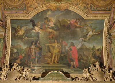 Koning Lodewijk XIV (1638-1715) geeft bevel om gelijktijdig vier van de sterkste Nederlandse posities aan te vallen in 1672, plafondschildering uit de Galerie des Glaces door Charles Le Brun