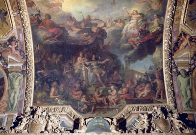 Koning Lodewijk XIV (1638-1715) regeert alleen in 1661, plafondschildering uit de Galerie des Glaces door Charles Le Brun