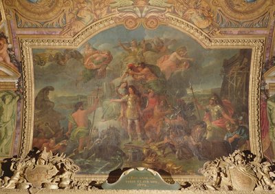 Koning Lodewijk XIV (1638-1715) neemt de wapens op land en op zee op in 1672, plafondschildering uit de Galerie des Glaces door Charles Le Brun