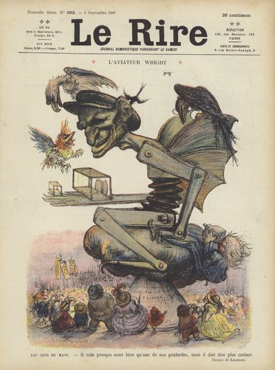 Karikatuur van de Amerikaanse vliegenier Wilbur Wright. Illustratie voor Le Rire door Charles Leandre