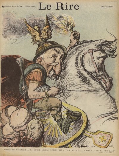 Karikatuur van de Franse premier Emile Combes als Attila de Hun. Illustratie voor Le Rire door Charles Leandre