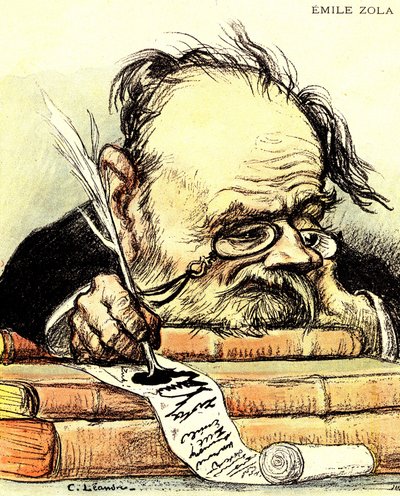 Cartoon door Emile Zola (1840-1902) schrijvend, zichtbaar zonder inspiratie - Illustratie door Charles Leandre in 