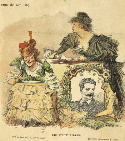 Cartoon voor de tweehonderdste voorstelling van Mademoiselle Fifi, naar de roman van Guy de Maupassant door Charles Leandre
