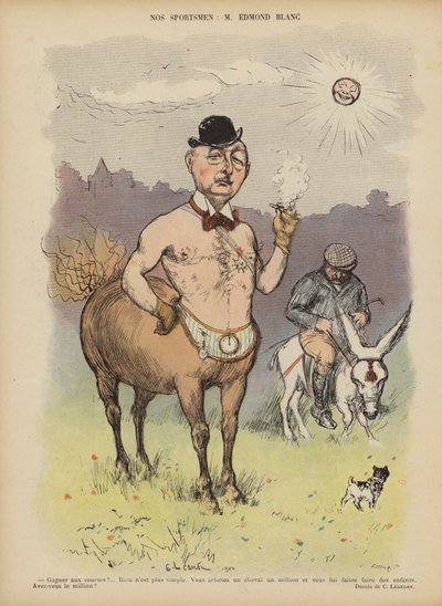 Edmond Blanc, Franse racepaard eigenaar en fokker. Illustratie voor Le Rire door Charles Leandre