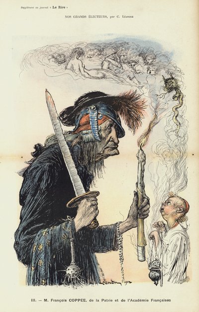 Francois Coppee, Franse schrijver en nationalist, illustratie voor Le Rire door Charles Leandre