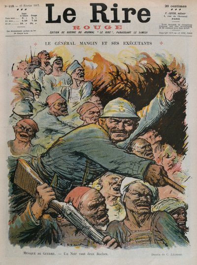 Generaal Charles Mangin en zijn ondergeschikten, een Zwarte is net zo goed als twee Boches, voorpagina illustratie uit 