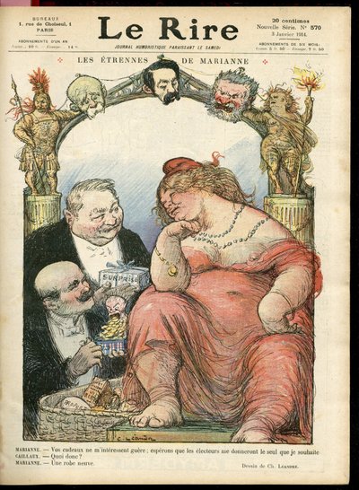 Illustratie van Charles Léandre (1862-1934) voor de omslag van Le Rire, 03/01/14 - Les étrennes de Marianne - Tribun - Clemenceau George, Jaurès Jean, Briand Aristide, Marianne, Caillaux Joseph (1863-1944) door Charles Leandre