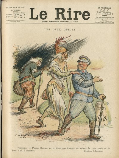 Illustratie van Charles Leandre (1862-1934) voor de omslag van Le Rire, 24/06/22 - De twee gidsen - Engeland Groot-Brittannië, Europa, President van de Republiek, Vrede, Hoed - Poinsare Raymond, David Lloyd George (1863-1945) door Charles Leandre