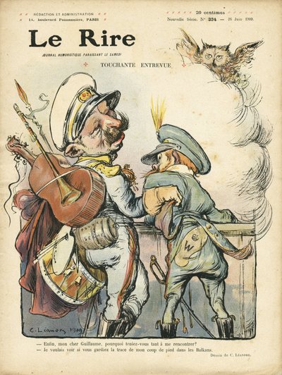 Illustratie van Charles Leandre (1862-1934) voor de Omslag van Le Rire, 26/06/09 - Ontroerend interview - Muziek, Gitaar - Willem II, Nicolaas II door Charles Leandre