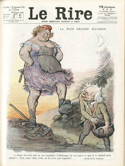 Illustratie van Charles Leandre (1862-1934) voor de omslag van Le Rire, 30/09/22 - De grootste illusie - Duitsland Pruisen, Engeland Groot-Brittannië, Herstelbetalingen - Marianne, David Lloyd George (1863-1945) - Trivialiteit door Charles Leandre