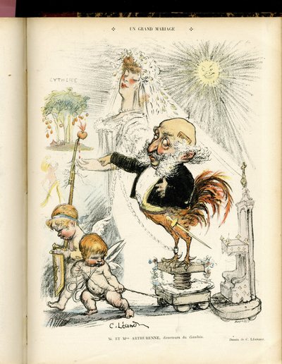 Illustratie van Charles Leandre (1862-1934) in Le Rire, 22/10/04 - Un grand mariage - Huwelijk - Coq, Meyer Arthur - Animalisatie door Charles Leandre