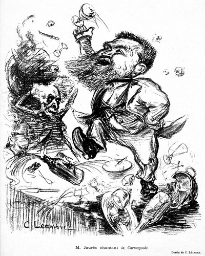 Jean Jaures dansend en zingend Carmagnole op een bankettafel (vermoedelijk dronken) afbeelding in Le Rire nr. 105 van 7 november door Charles Leandre