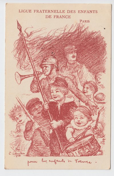 Ansichtkaart, Satirisch in Kleuren: Ligue fraternelle des enfants de France - Oorlog van 14-18, Kindertijd, Patriottische dagen Illustratie door Charles Leandre (1862-1934) door Charles Leandre
