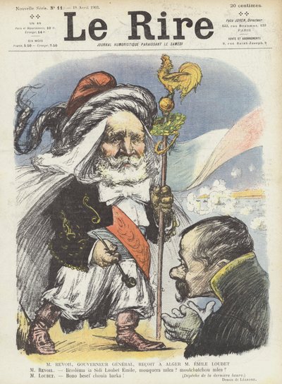 President Loubet van Frankrijk ontvangen door de gouverneur-generaal van Algerije, Paul Revoil. Illustratie voor Le Rire door Charles Leandre