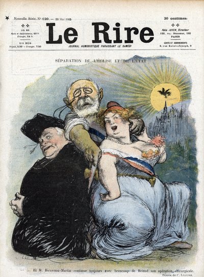 Scheiding van Kerk en Staat: de Franse politicus Jean-Bienvenu Martin (1847-1943), Minister van Openbaar Onderwijs, Schone Kunsten en Eredienst, wanhopig op zoek naar scheiding van de Kerk als priester van Frankrijk door Charles Leandre