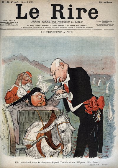 De president in Nice - Franse president Felix Faure ontmoette koningin Victoria in Nice - Cartoon door Charles Leandre (1862-1934) in 