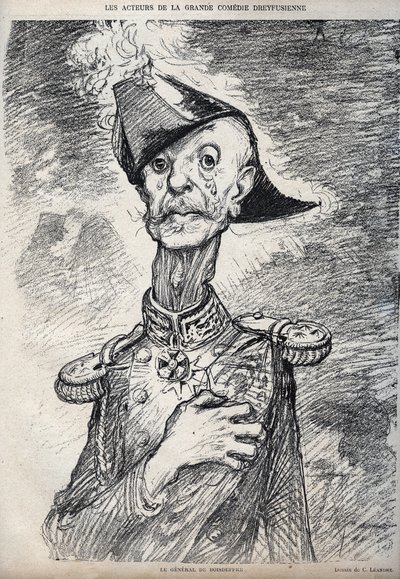 De acteurs van de grote Dreyfus-komedie - Portret van Raoul Le Mouton de Boisdeffre (Generaal de Boisdeffre) (1839-1919), Franse militair - cartoon door Charles Leandre (1862-1934) in 