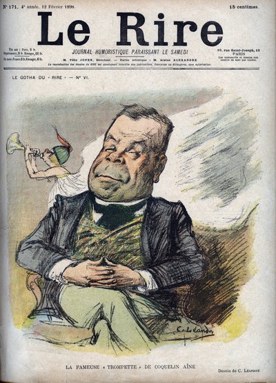 De beroemde trompet van Poppy Aine - Portret van Constant Poppy genaamd de Aine Poppy (1841-1904) - - karikatuur door Charles Leandre (1862-1934) in 