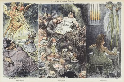Het leven van de oplichtster Therese Humbert. Illustratie voor Le Rire door Charles Leandre