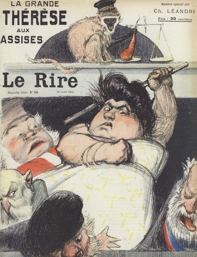 Het proces van de beruchte oplichtster Therese Humbert. Illustratie voor Le Rire door Charles Leandre