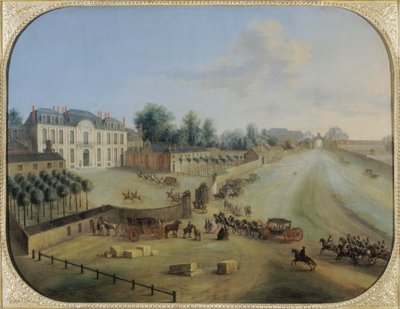 Uitzicht op het Kasteel de la Muette met de aankomst van Koning Lodewijk XV (1710-74), ca.1738 door Charles Leopold Grevenbroeck