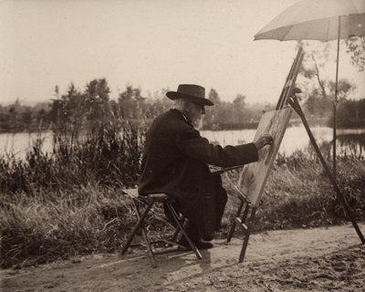 De schilder Lhermitte Léon (1844-1925), werkend aan de oever van de Marne, niet ver van zijn eigendom, circa 1914-1915, Frankrijk door Charles Lhermitte
