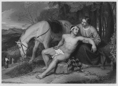 De Barmhartige Samaritaan, van het schilderij in de Koninklijke Collectie (gravure) door Charles Lock (after) Eastlake