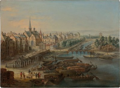Uitzicht op het Arsenaal, de haven Saint Paul en de quai des Célestins in Parijs door Charles Léopold van Grevenbroeck