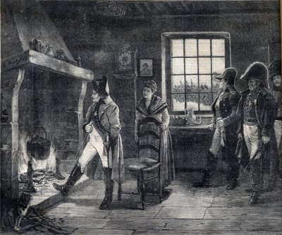 Keizer Napoleon I verwarmt zich bij een houtvuur in een sneeuwlandschap - Napoleon na de Slag bij Waterloo in 1814 - gravure naar het schilderij van Charles Louis (Charles-Louis) Kratke (1848-1921) door Charles Louis Kratke