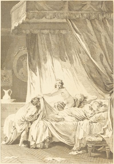 Joconde: Het bed door Charles Louis Lingée after Jean Honoré Fragonard