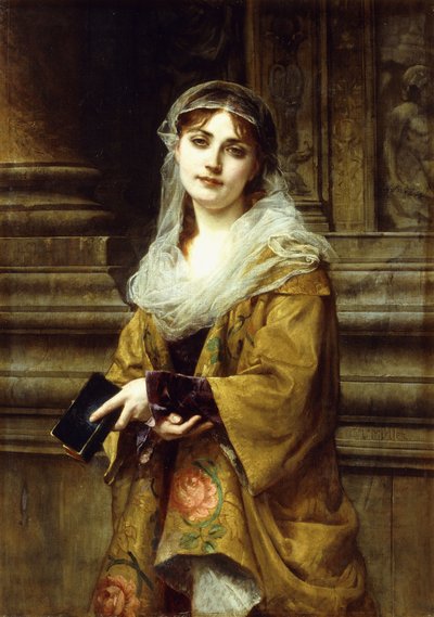 Een jonge vrouw buiten een kerk door Charles Louis Lucien Muller