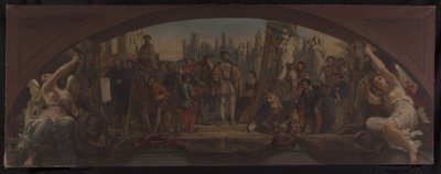 Schets voor het Denon-paviljoen in het Louvre: De vier leeftijden van de artistieke levens in Frankrijk - Presentatie aan Frans I van plannen voor het Château de Fontainebleau, circa 1864 door Charles Louis Lucien Muller