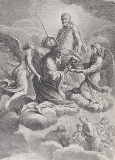 Saint Louis van Frankrijk ontvangen in de hemel door Christus en twee engelen die hem de c... aanbieden, 1671-80 door Charles Louis Simonneau