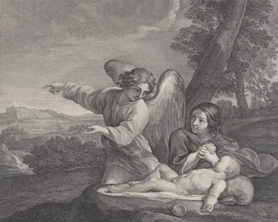 De engel verschijnt aan Hagar in de wildernis terwijl ze haar handen vouwt naast de slaap door Charles Louis Simonneau