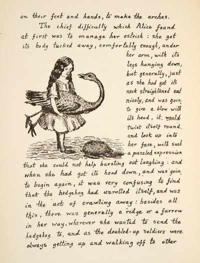 Alice houdt haar struisvogel vast, illustratie uit Alice