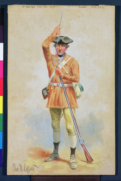 Uniformen van de Amerikaanse Revolutie: 1777 Privé Veldkleding van de 1e Georgia Continentale Infanterie door Charles MacKubin Lefferts