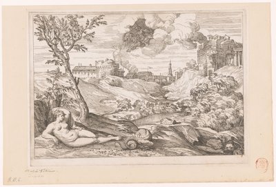 Landschap met Andromeda bewaakt door de draak en Perseus aanvliegend in een wolk door Charles Macé (attributed to)