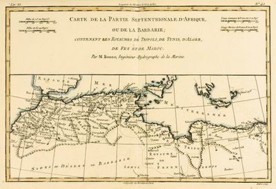 Noord-Afrika, inclusief de Koninkrijken Tripoli, Tunis, Algerije; Fez en Marokko, uit Atlas de Toutes les Parties Connues du Globe Terrestre door Guillaume Raynal (1713-96) gepubliceerd in Genève, 1780 door Charles Marie Rigobert Bonne