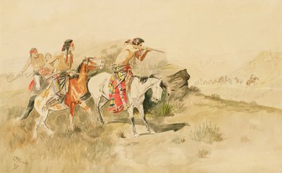 Aanval op de Muilezeldrijvers, ca. 1895 door Charles Marion Russell