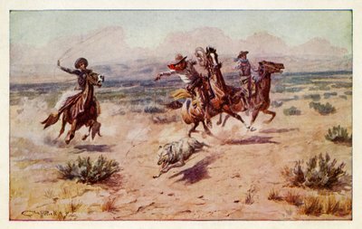 Cowboys achtervolgen een prairie wolf door Charles Marion Russell