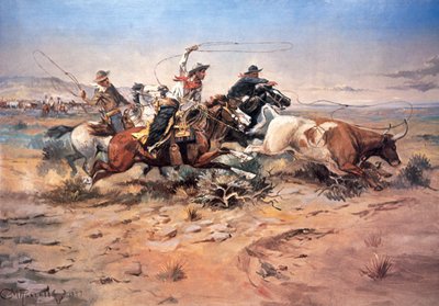 Cowboys die een stier vangen door Charles Marion Russell