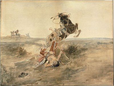 Gevallen Indiaanse krijger, ca. 1886 (aquarel en grafiet op crèmekleurig papier) door Charles Marion Russell