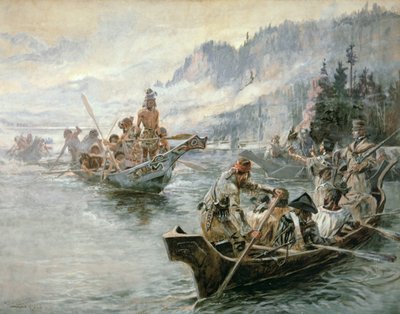 Lewis & Clark aan de Beneden-Columbia-rivier door Charles Marion Russell